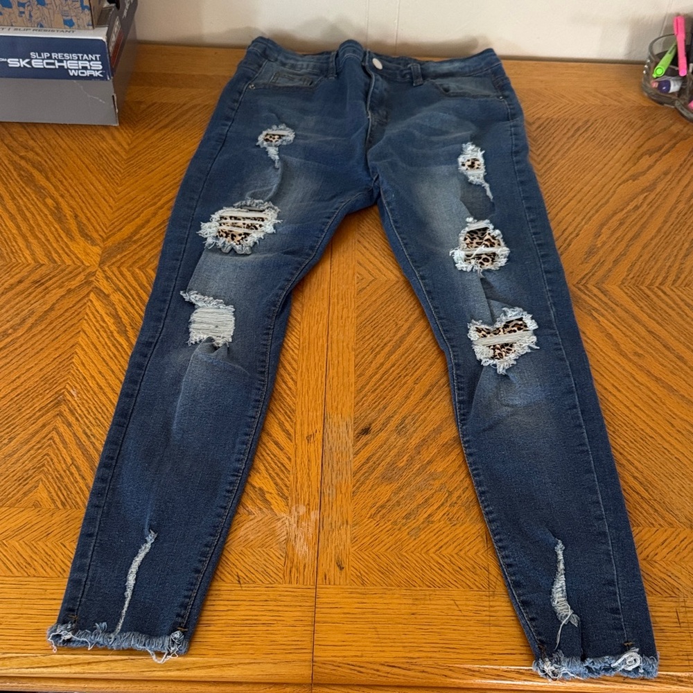 Blue Stretch Skinny Jeans with Animal Print Accents - Picture 2 of 10